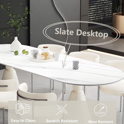 62"-78"Modern Oval Dining Table with White Marble Top & Cream Cone Base for 6-8