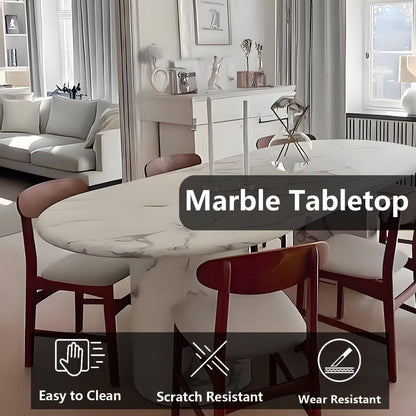 62"-78"Luxury Oval Dining Table with Marble Top & Pedestal Base for 6-8 People