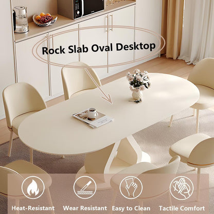 62"-78“Modern Cream White Oval Dining Table with Unique Sculptural Base for 4-6