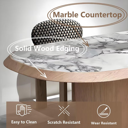 62"-78"Modern Oval Dining Table with Marble Top & Light Wood Base for 6-8 People