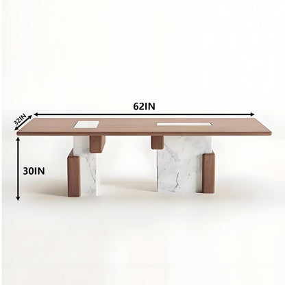 62"-78"Modern Rectangular Dining Table with Wood Top & Marble Block Base for 6-8