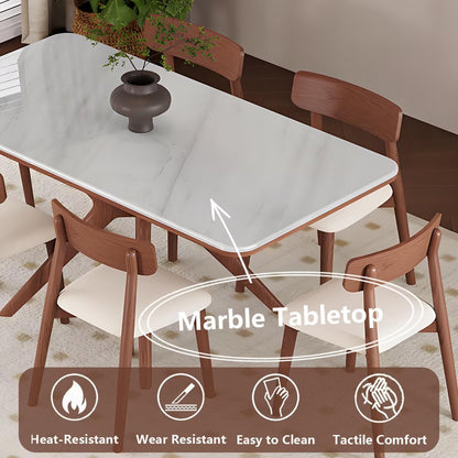 62“-78”Minimalist Scandinavian Dining Table, White Veined Top with Natural Wood Frame