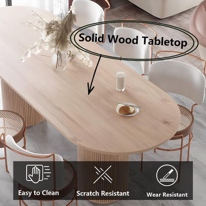 62"-78"Modern Light Wood Oval Dining Table with Fluted Pedestal Base for 6-8