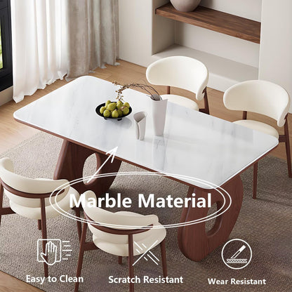62"-70"Modern Mid-Century Dining Table with Marble Top & Unique Wood Base for 4-6