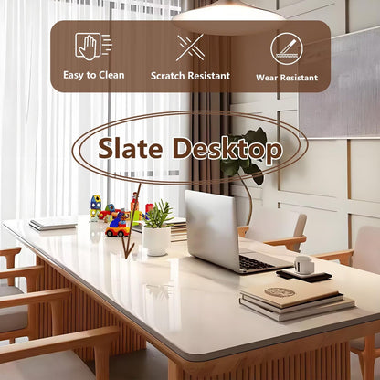 62"-78"Modern Dining Table with Marble Top & Light Wood Fluted Base for 6-8 People