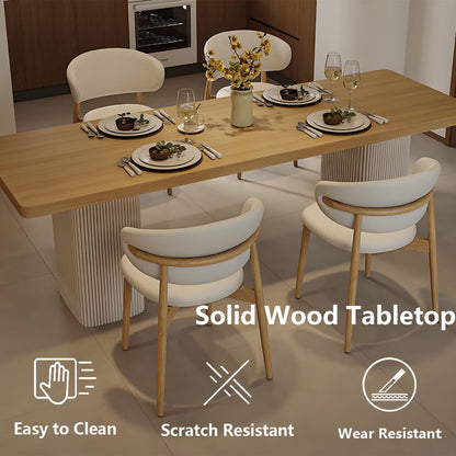 62"-78"Modern Japandi Dining Table, Light Wood Top with Fluted Base for 4-6 People
