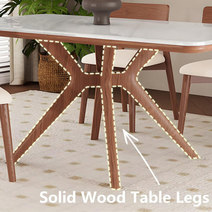 62“-78”Minimalist Scandinavian Dining Table, White Veined Top with Natural Wood Frame