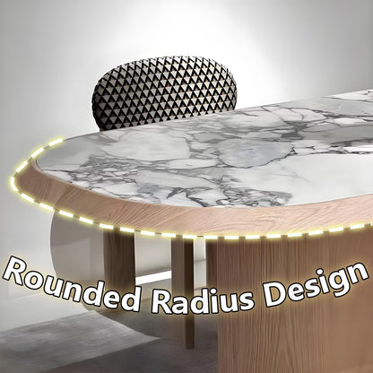 62"-78"Modern Oval Dining Table with Marble Top & Light Wood Base for 6-8 People
