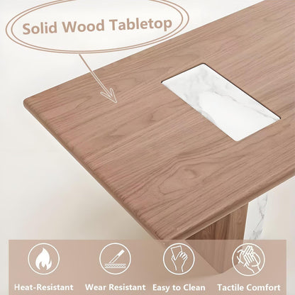 62"-78"Modern Rectangular Dining Table with Wood Top & Marble Block Base for 6-8
