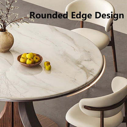 62"-78"Round Marble Dining Table with Wood Base, Modern Sintered Stone Table for 4-6