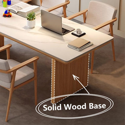62"-78"Modern Dining Table with Marble Top & Light Wood Fluted Base for 6-8 People