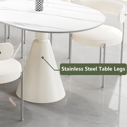 62"-78"Modern Oval Dining Table with White Marble Top & Cream Cone Base for 6-8