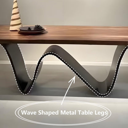 62"-78"Modern Rectangular Dining Table with Walnut Top & Sculptural Wavy Metal Base