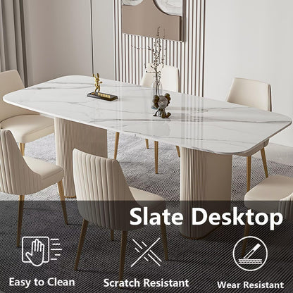 62“-78”White Sintered Stone Dining Table, Modern Rectangular Kitchen Table for 4-6 People