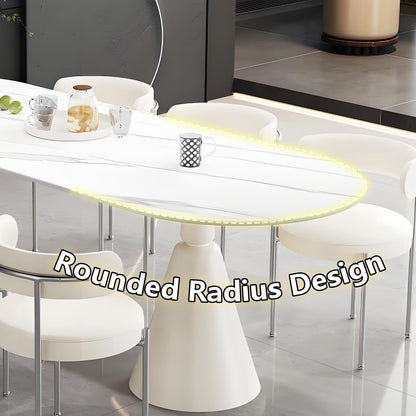 62"-78"Modern Oval Dining Table with White Marble Top & Cream Cone Base for 6-8