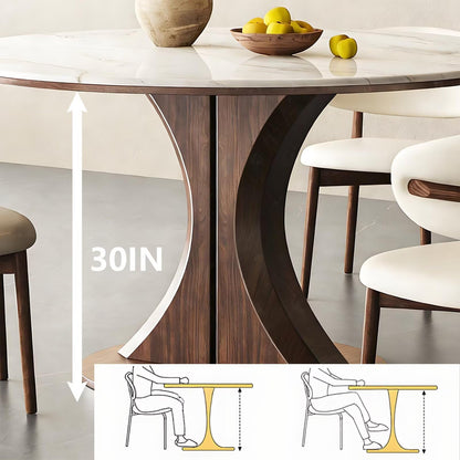 62"-78"Round Marble Dining Table with Wood Base, Modern Sintered Stone Table for 4-6