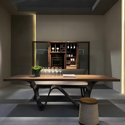 62"-78"Modern Rectangular Dining Table with Walnut Top & Sculptural Wavy Metal Base