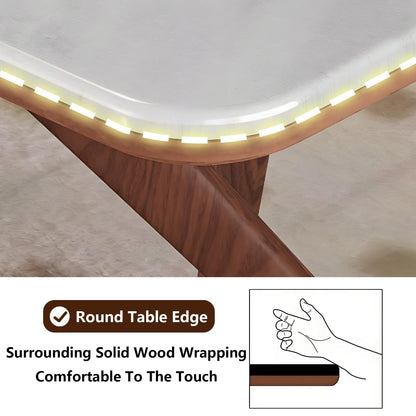 62“-78”Minimalist Scandinavian Dining Table, White Veined Top with Natural Wood Frame