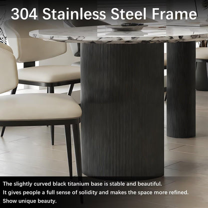62"-78"Luxury Oval Dining Table with Veined Marble Top & Black Fluted Base for 8-10