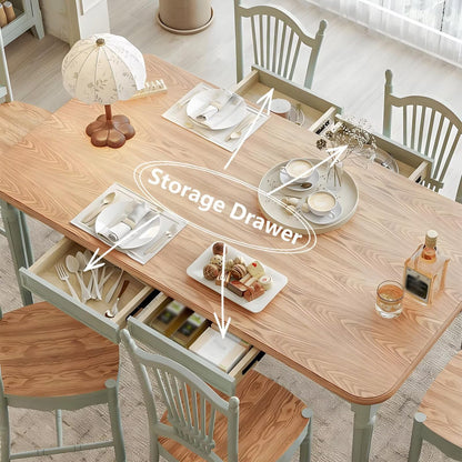 62"-78"Retro French Country Dining Table, Light Green Frame with Natural Wood Top