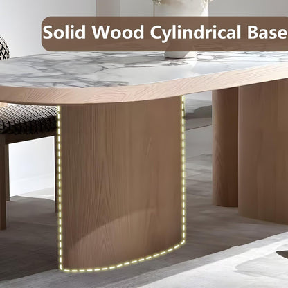 62"-78"Modern Oval Dining Table with Marble Top & Light Wood Base for 6-8 People
