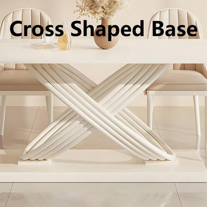 62"-78"Modern Cream White Dining Table with Unique X-Shaped Base