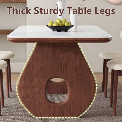 62"-70"Modern Mid-Century Dining Table with Marble Top & Unique Wood Base for 4-6