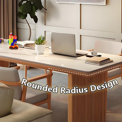 62"-78"Modern Dining Table with Marble Top & Light Wood Fluted Base for 6-8 People