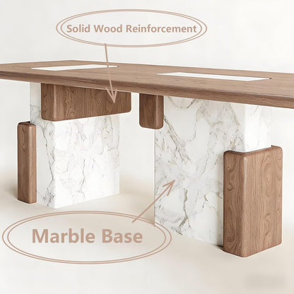 62"-78"Modern Rectangular Dining Table with Wood Top & Marble Block Base for 6-8