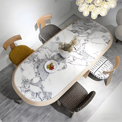 62"-78"Modern Oval Dining Table with Marble Top & Light Wood Base for 6-8 People