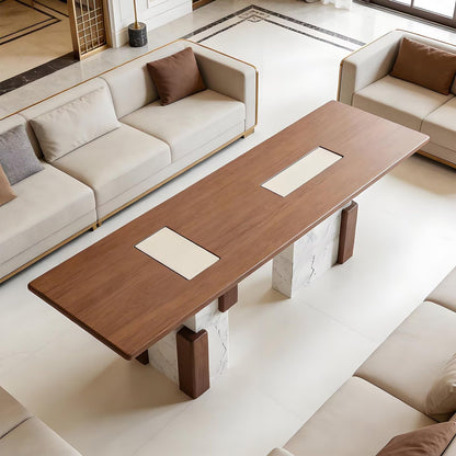 62"-78"Modern Rectangular Dining Table with Wood Top & Marble Block Base for 6-8