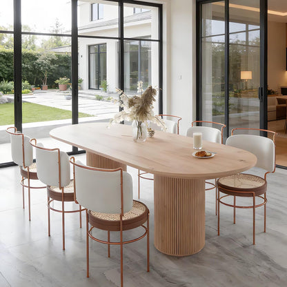 62"-78"Modern Light Wood Oval Dining Table with Fluted Pedestal Base for 6-8