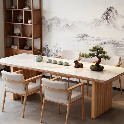 62"-78"Modern Dining Table with Marble Top & Light Wood Fluted Base for 6-8 People