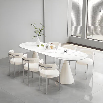 62"-78"Modern Oval Dining Table with White Marble Top & Cream Cone Base for 6-8