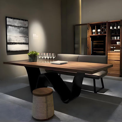 62"-78"Modern Rectangular Dining Table with Walnut Top & Sculptural Wavy Metal Base