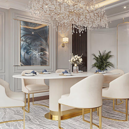 62“-78”Luxury Oval Dining Table with White Marble Top & Gold Base for 6-8 People
