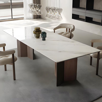62"-78"Modern Rectangular Dining Table with Marble Top & Walnut Wood Base for 6-8
