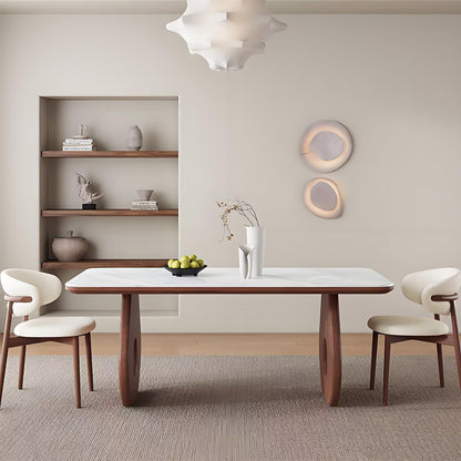 62"-70"Modern Mid-Century Dining Table with Marble Top & Unique Wood Base for 4-6