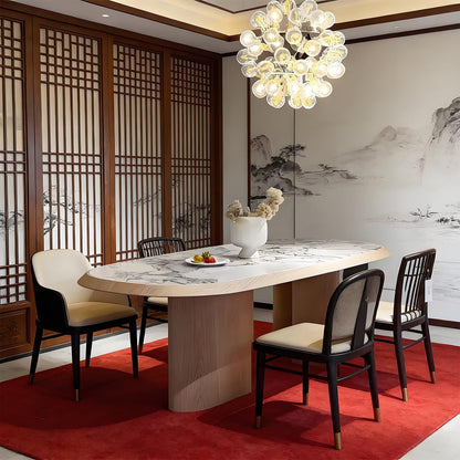 62"-78"Modern Oval Dining Table with Marble Top & Light Wood Base for 6-8 People