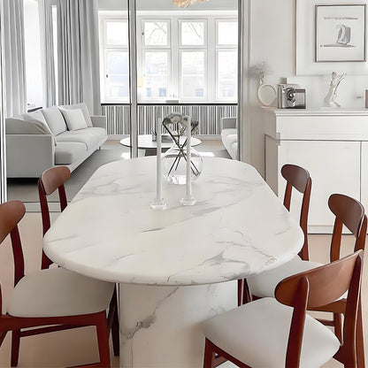 62"-78"Luxury Oval Dining Table with Marble Top & Pedestal Base for 6-8 People
