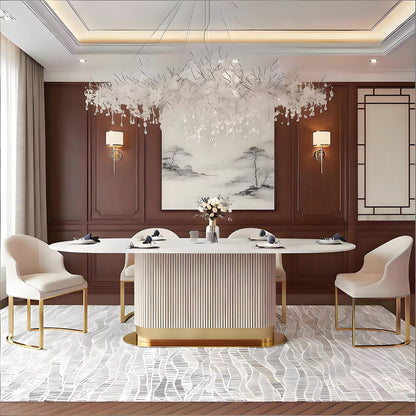 62“-78”Luxury Oval Dining Table with White Marble Top & Gold Base for 6-8 People