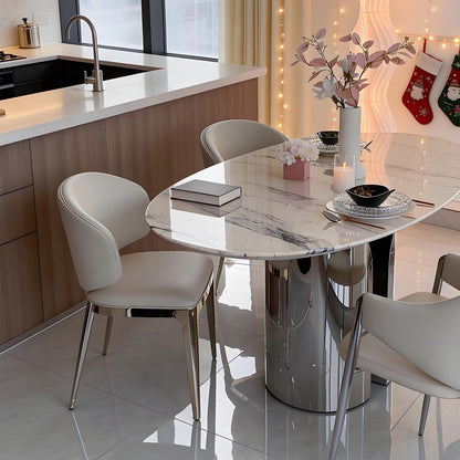 62"-78"Luxury Round Dining Table with Marble Top & Polished Chrome Base for 4-6