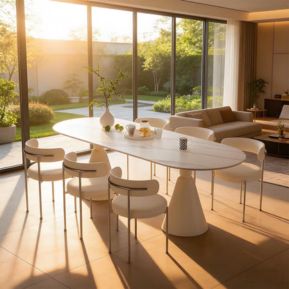 62"-78"Modern Oval Dining Table with White Marble Top & Cream Cone Base for 6-8