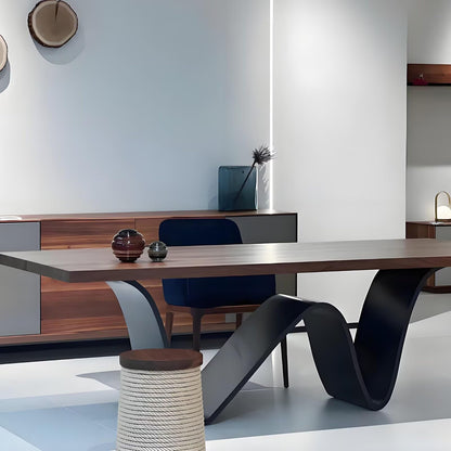 62"-78"Modern Rectangular Dining Table with Walnut Top & Sculptural Wavy Metal Base