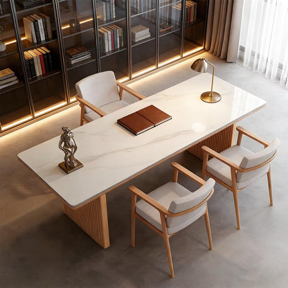62"-78"Modern Dining Table with Marble Top & Light Wood Fluted Base for 6-8 People