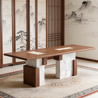 62"-78"Modern Rectangular Dining Table with Wood Top & Marble Block Base for 6-8