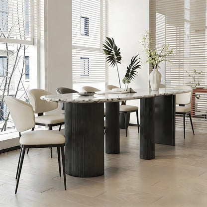 62"-78"Luxury Oval Dining Table with Veined Marble Top & Black Fluted Base for 8-10
