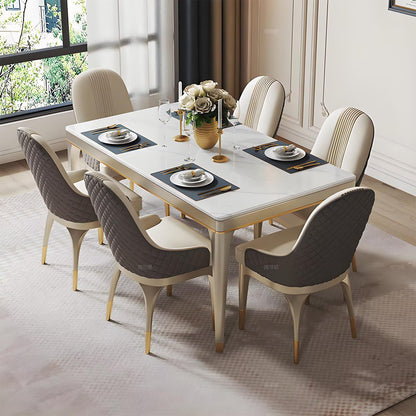 62"Luxury White Sintered Stone Dining Table with Gold Trim for 4-6 People