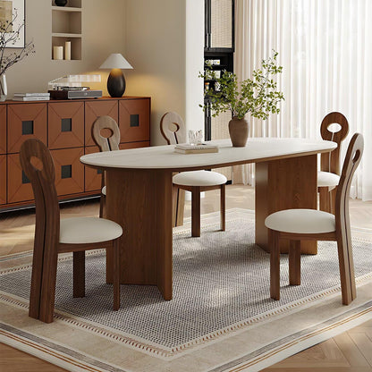 62"-78"Retro Modern Dining Table, Rounded Oval Top with Dark Wood Base for 4-6