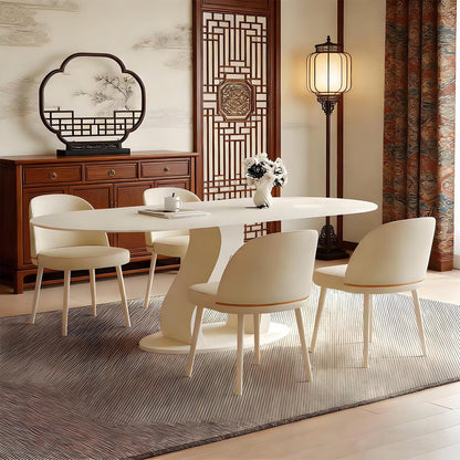 62"-78“Modern Cream White Oval Dining Table with Unique Sculptural Base for 4-6
